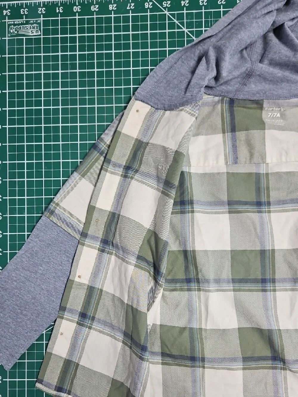 Carter's Boys Green Plaid Button-Down Shirt with Heather Blue Hood Size 7